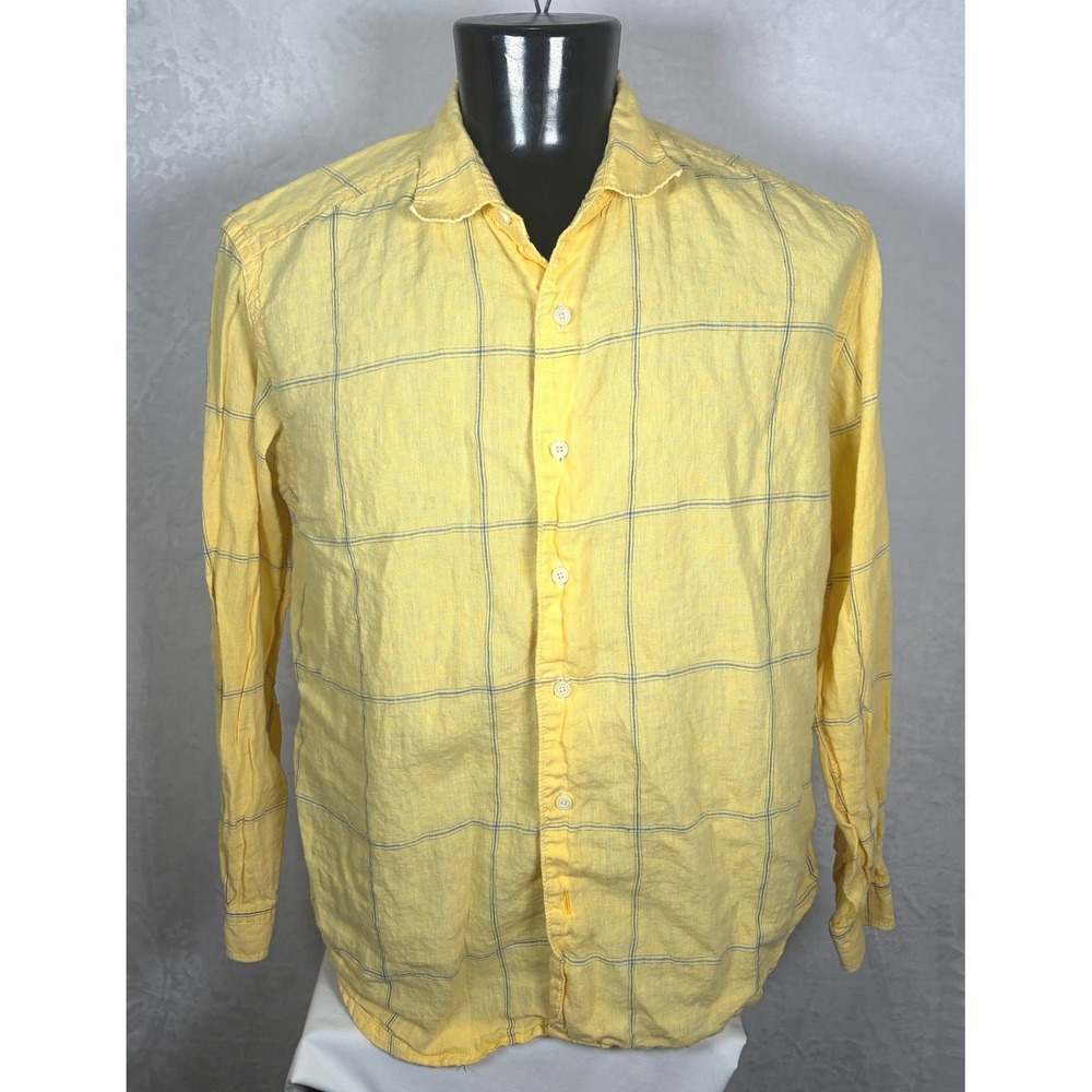 Tommy Bahama Relax Mens Button Down Shirt Yellow Plaid Linen Long Sleeve Large
